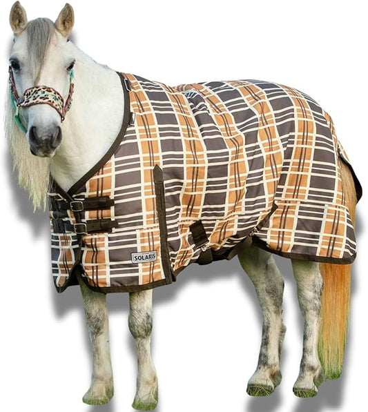 Jeffers Pony Poppins Solaris 1200 Denier Turnout Blanket Brown & Cream Plaid 39" - Waterproof, Breathable Horse Blanket with 0 gram Polyfill, No Insulation, Ideal Protection for Wind & Rain,