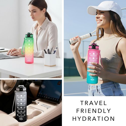 Hyeta 32 oz Motivational Water Bottle - Leakproof Design with Time Markers & Straw for Fitness | Gym & Outdoor Use