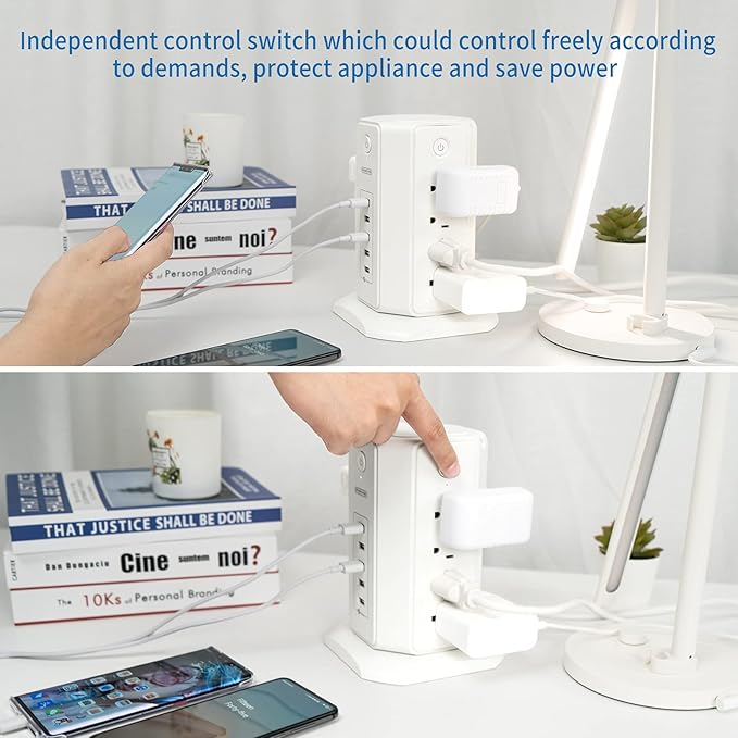 Power Strip Tower Surge Protector, NTONPOWER 8 Outlet 5 USB Desktop Charging Station 1625W 13A, 6ft Extension Cord Flat Plug, Individual Switches, 1080 Joules, Overload Protection for Home Office