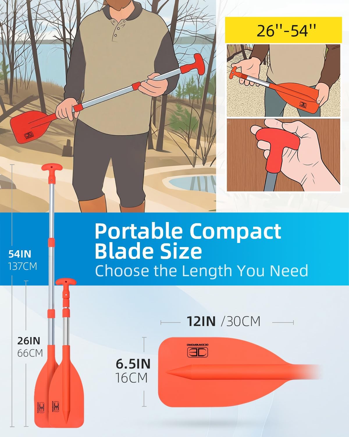 OCEANBROAD Telescoping Emergency Paddle - Adjustable 21'' to 42'' or 26'' to 54'' Aluminum Shaft for Kayaking & Boating