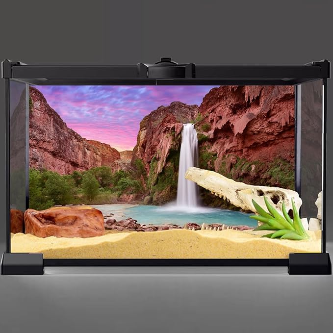 AWERT 72x24 inches Reptile Habitat Background Sunset Mountain Waterfall Terrarium Background Durable Polyester Background