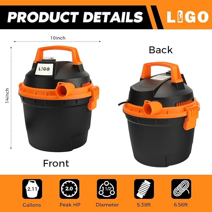 LIGO Shop Vacuum Wet and Dry, Mini Shop Vac with Accessories, 2.11 Gallon, 2HP, Handheld Vacuum for Garage, Home and Pet