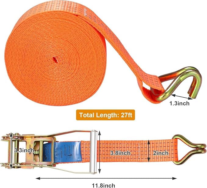 TLGREEN 4 Pack 2 in x 27 FT Double J Hook Ratchet Straps (11,000 lbs Break Strength), Heavy Duty Tie Down Straps for Trucks(Orange)