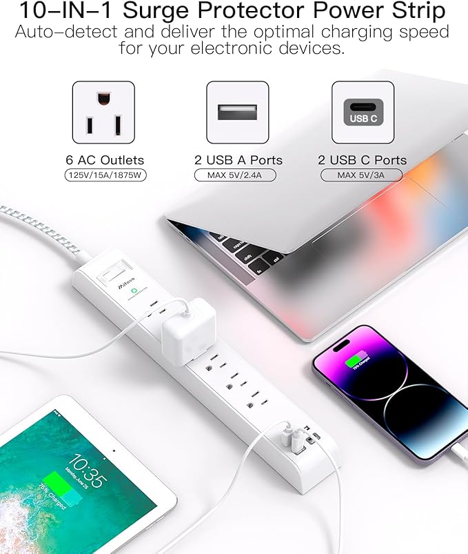 Surge Protector Power Strip - 6 Outlets 4 USB Charging Ports, 5Ft Braided Extension Cord, Flat Plug, Overload Protection, Wall Mount for Home Office, Dorm Room Essentials