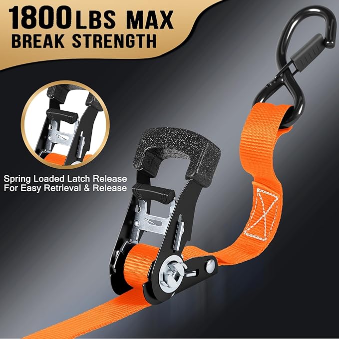 Ratchet Straps - Heavy Duty Tie Downs Straps - 1 Inch x 15 Feet 4 Pack - Safety S Hooks & Soft Loops, 1800LBS Break Strength for Men, Trucks Cargo Moving appliances Motorcycle ATV（Orange）