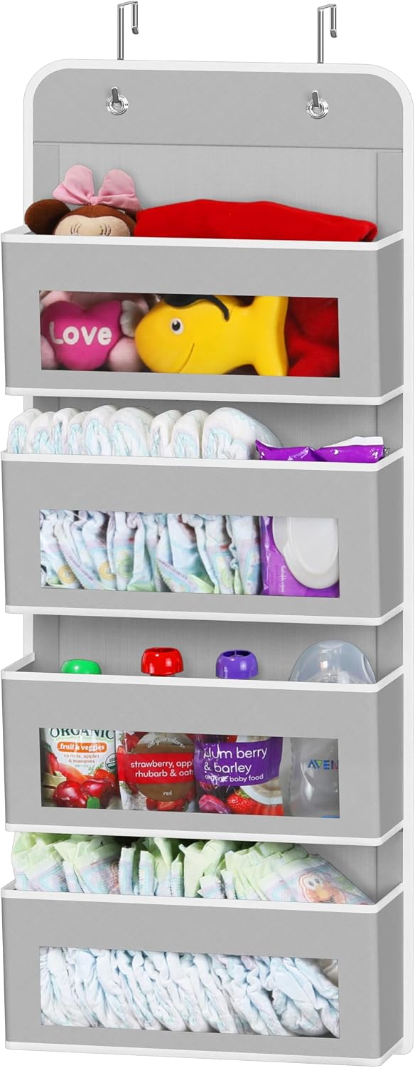 Simple Houseware 4 Clear Window Pocket Over Closet Door Storage Hanging Organizer for Bedroom, Bathroom, Pantry, Gray