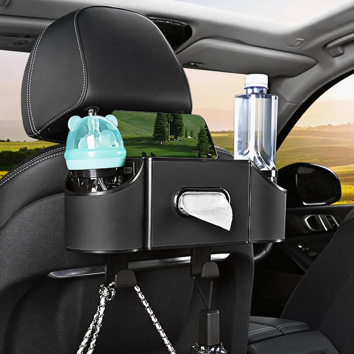 Back Seat Car Organizer,4 in 1 Multifunctional Car Back Seat Storage Box with Drink Cup Holder Tissue Box, for Hold Phone,Snacks, Drinks, Handbag-Orange