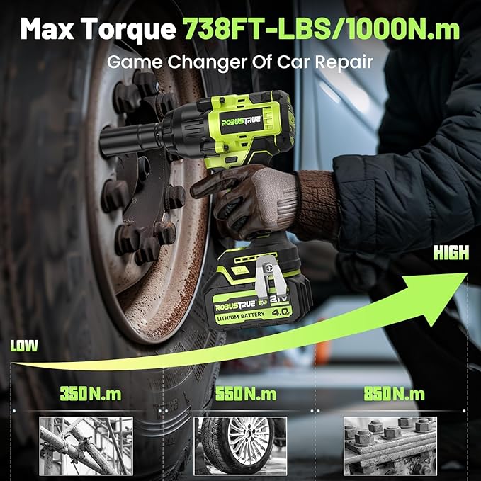 Robustrue Cordless Impact Wrench 738ft-lbs (1000N.m), High Torque Brushless 1/2 Impact Gun, 2 x4.0Ah Battery 21V Max, Fast Charger, 4 Sockets, Impact Wrench for Home Car Tires Truck Mover
