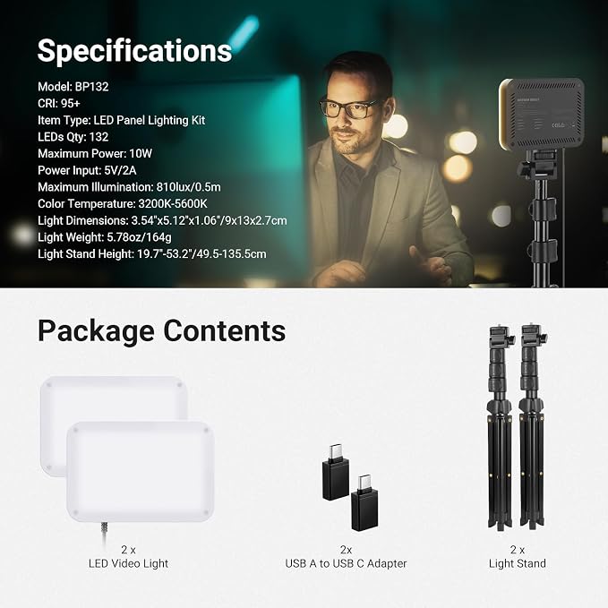NEEWER Basics 2 Pack LED Video Light Panel Lighting Kit, 6.2" Dimmable Portable