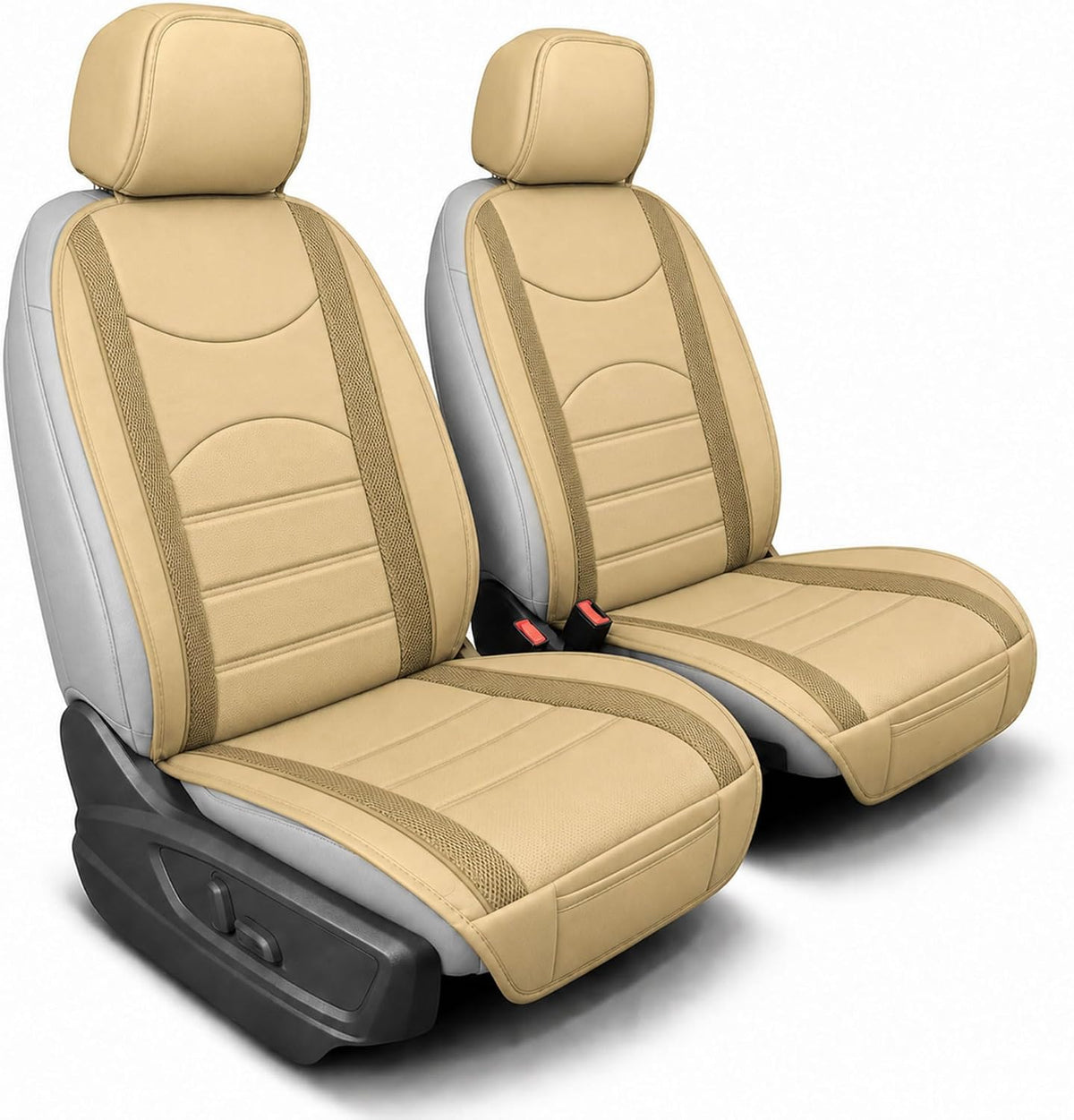 FH Group Front Set Faux Leather Car Seat Cushions for Low Back Seat, Universal Fit, Airbag Compatible Seat Cover for SUV, Sedan, Beige Tan