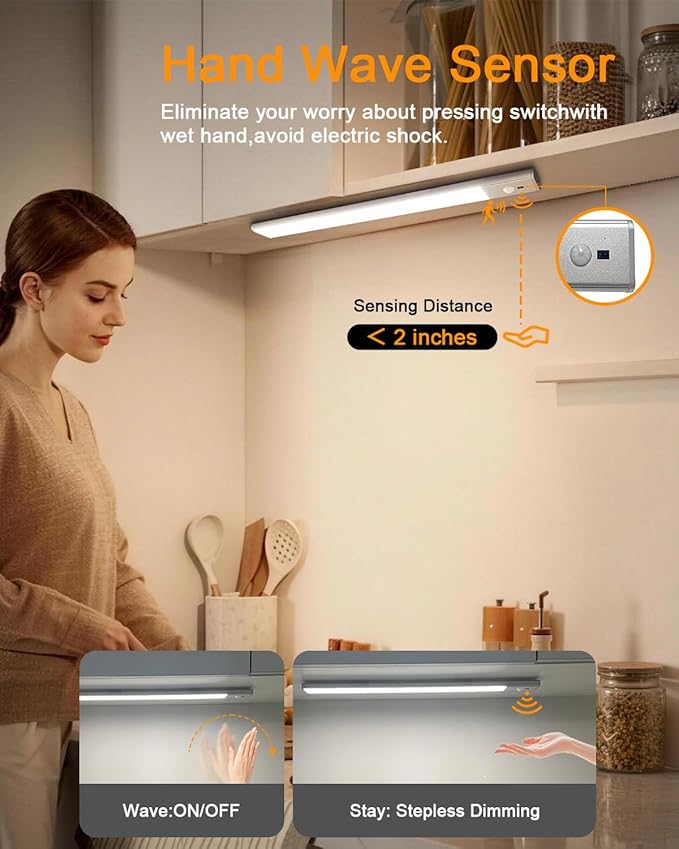 Under Cabinet Lighting,Rechargeable Motion Sensor Light Indoor with Hand Wave Sensor, 3 Color Temps,2Pack Magnetic Dimmable Closet Lights,Wireless Under Counter Lights for Kitchen, Stairs,Hallway