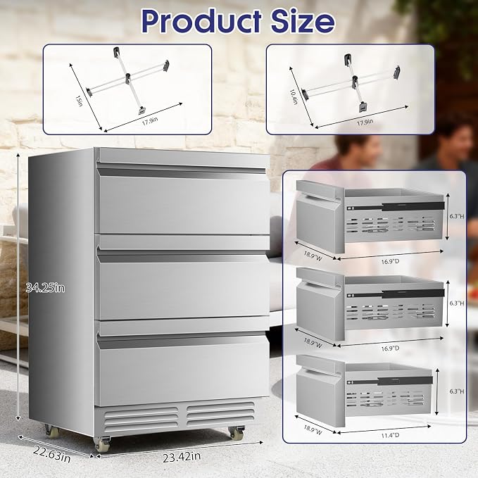 3 Drawers Beverage Refrigerator, 190 Cans 24'' Beverage Fridge with Wheels, Outdoor Waterproof, All Stainless Steel Body, Undercounter or Freestanding, Drink Fridge for Home, Patio & Commercial