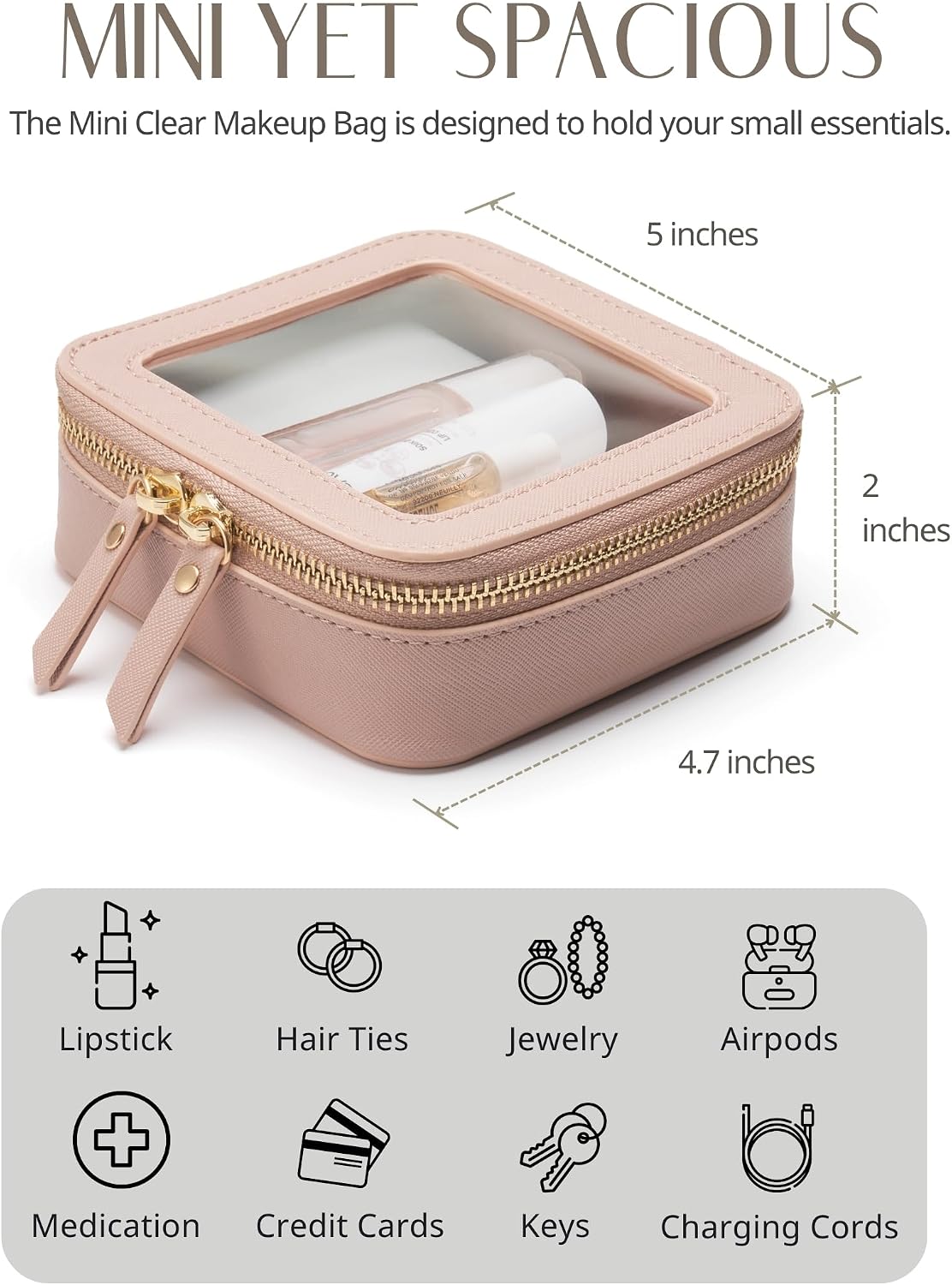 Popvibe Clear Makeup Bag with Zipper, Set of 2, Mini and Medium, Mauve Pink