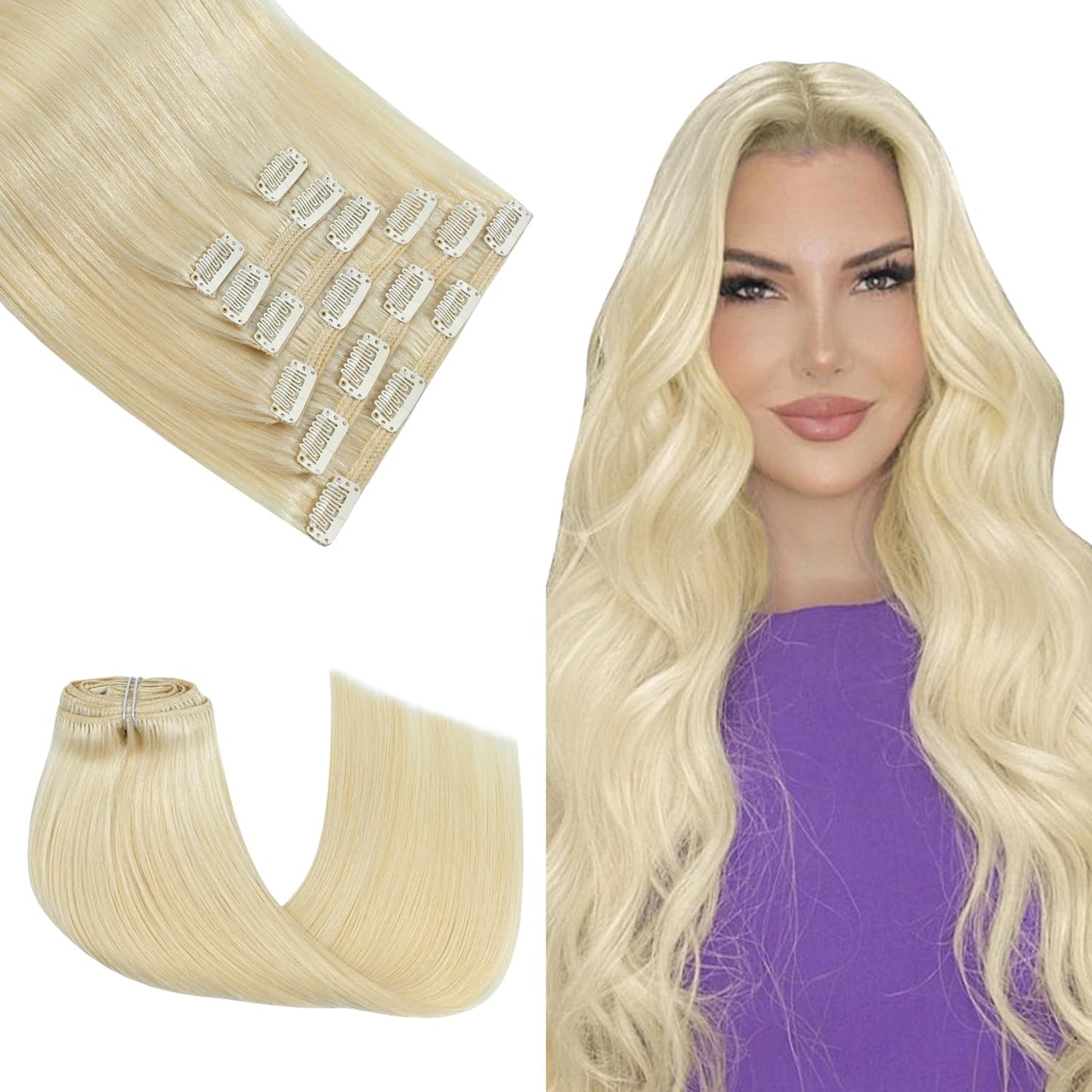 Honsoo Clip In Hair Extensions Real Human Hair Platinum Blonde 14Inch 120G 7Pcs Hair Extensions Clip In Real Human Hair Extensio