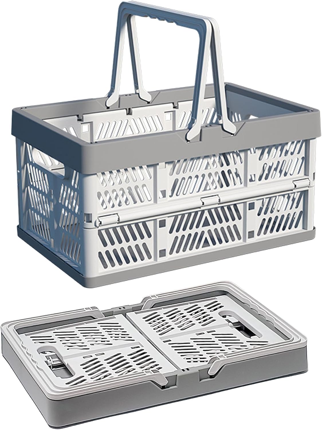Collapsible Plastic Storage Crate - 20L Folding Organizer Basket Portable Stacking Storage Crate Bin with Handle, for Camping, Picnic, Car Trunk, Home Storage (Gray, M)