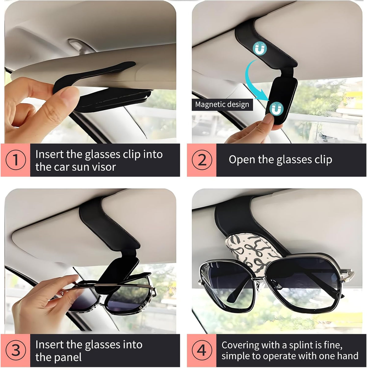 Sunglasses Holder for Car Visor, PU Leather Glasses Clip Organizer, Cute Magnetic Eyeglass Holder for Vehicle Sun Visor, Car Interior Accessory for Women & Men Black Bow Sketch