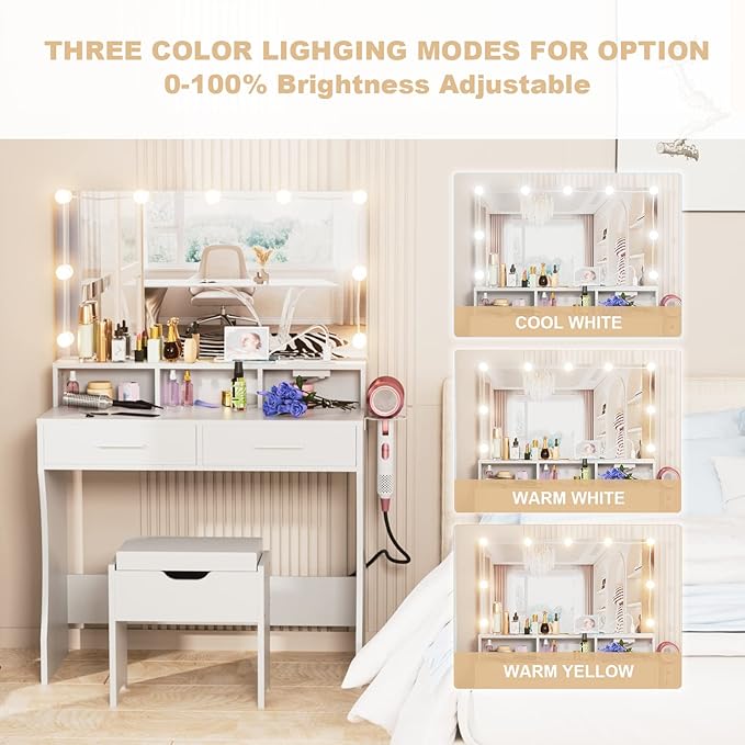 Makeup Vanity with Lighted Mirror & Power Outlet, Makeup Table Vanity Set with 3 Lighting Colors, Brightness Adjustable, White