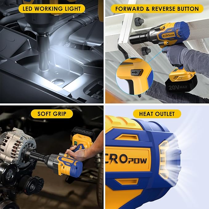 ACROPOW Cordless Impact Wrench Compatible with DEWALT 20V MAX Battery, 1/2 Inch Brushless High Torque Power Impact Gun 665 Ft-lbs(900 N.m) with 3-Mode Speed, LED Light (Bare Tool Only)