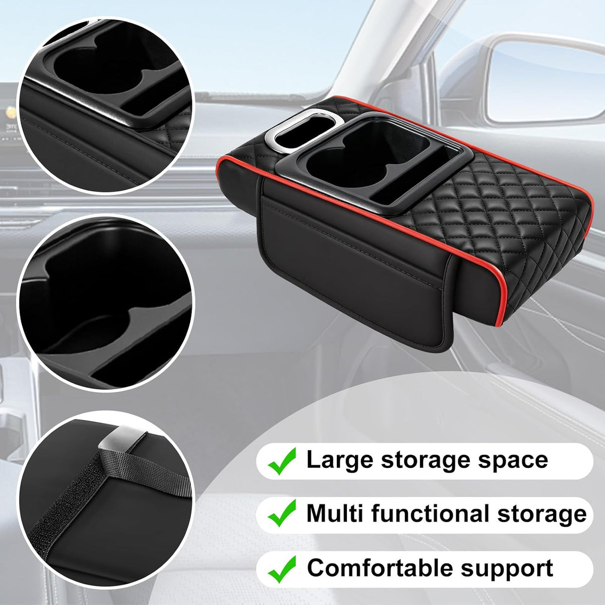 Car Armrest Cushion,5-in-1 Center Console Cover with 2 Storage Bags Cup Holder, Phone Slot for Sedans, Tissue Box Slot, Car Accessories Interior Organizers (Black) (Black-B)
