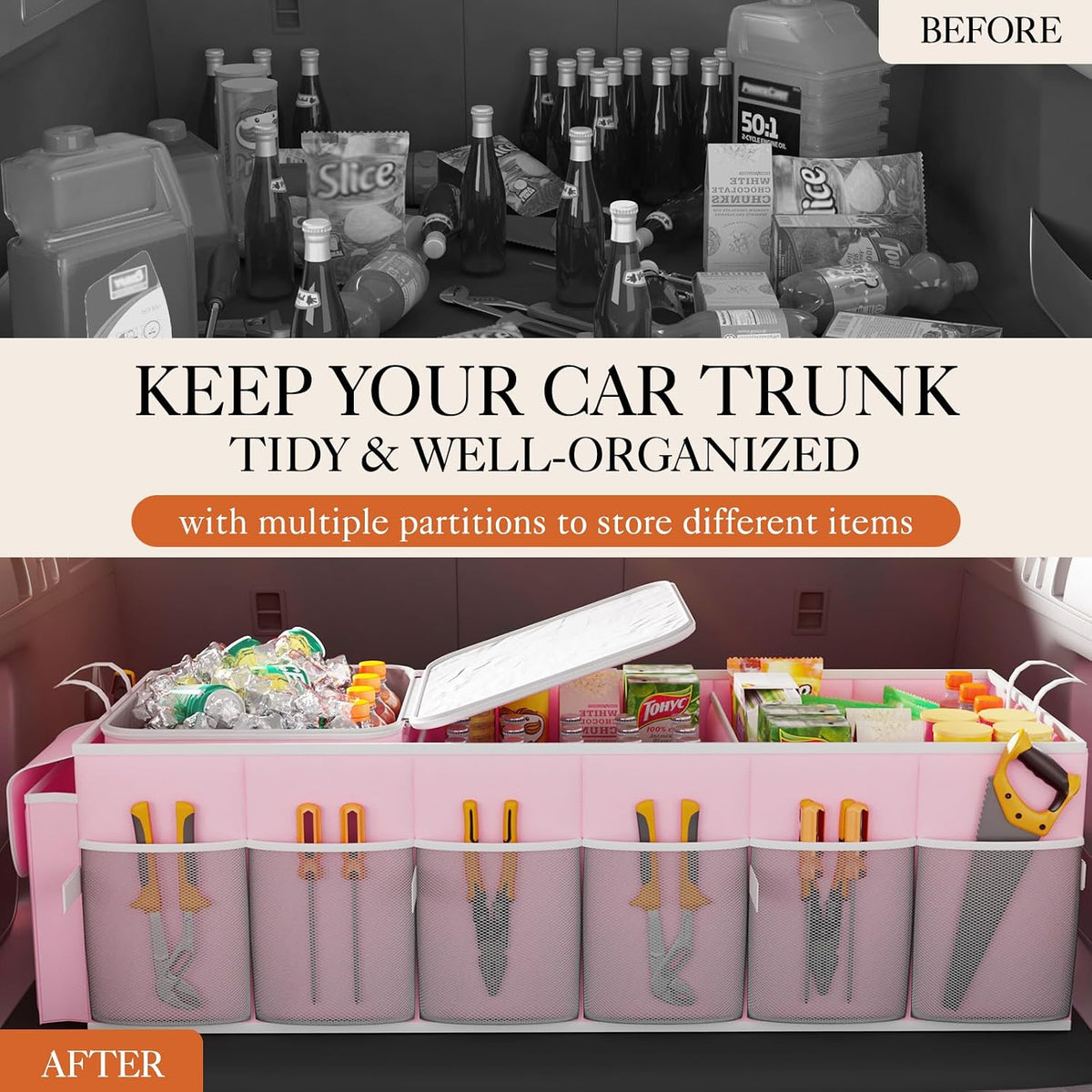 HOTOR Trunk Organizer, Sturdy Foldable with Cooler for Car & SUV, 3 Compartments, Pink, 30.90”×12.60”×10.63”