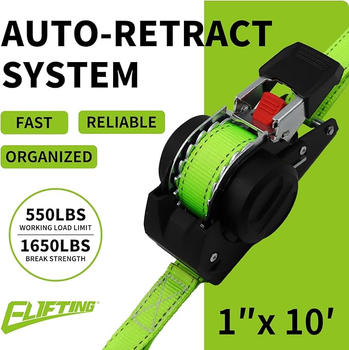Retractable Ratchet Straps (4-Pack) 1 Inch x 10 Ft Auto Self Retracting Tie Down Straps (1650lbs Break Strength) Reflective Safety Stitching for Motorcycle ATV UTV Truck Trailer - Green