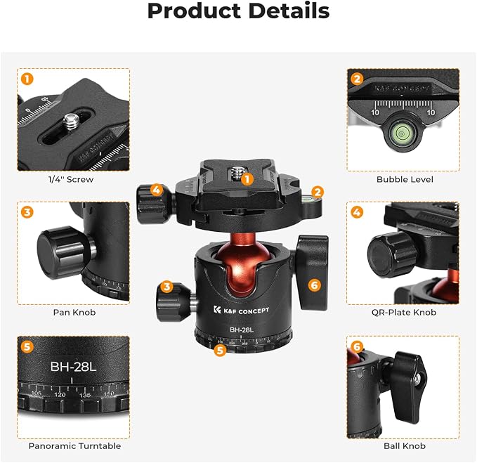 K&F CONCEPT Professional 28mm Metal Tripod Ball Head 360 Degree Rotating