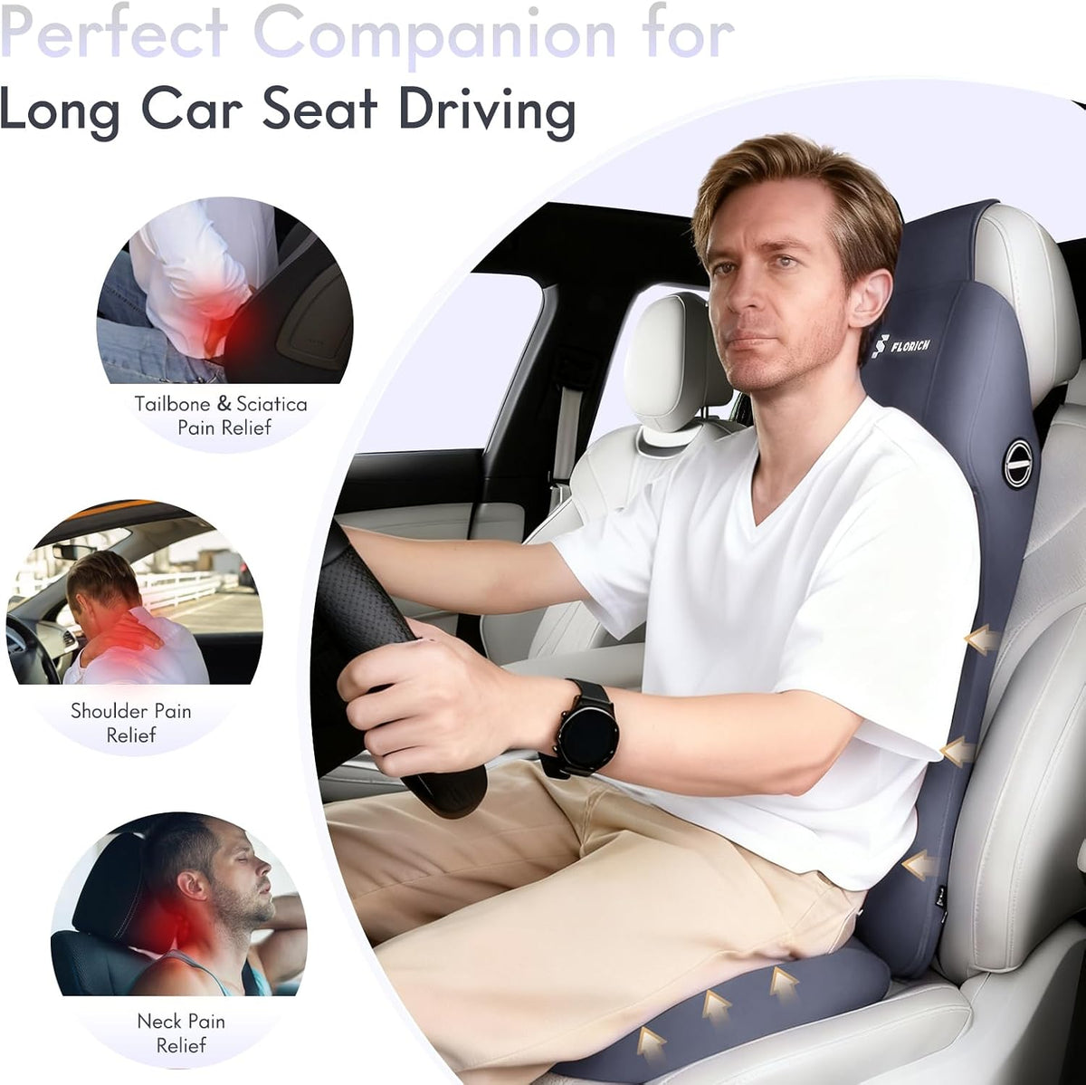 FLORICH Memory Foam Ergonomic Car Seat Cushion with Lumbar Support Neck Pillow 2-in-1 Headrest Pillow Back Support for Car Truck Seat Long Driving Sciatica Tailbone Pain Relief, Blue