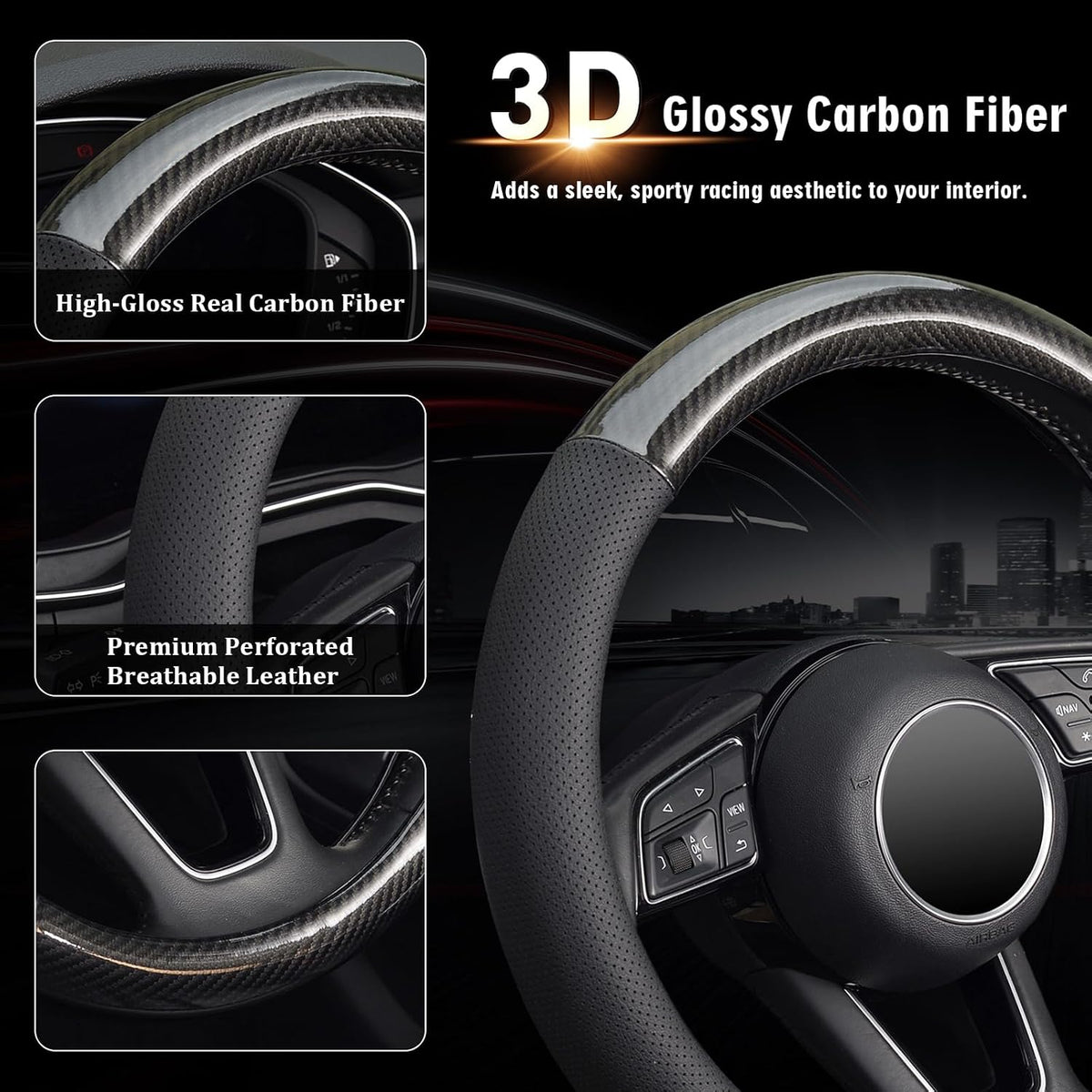 KAFEEK Classic Carbon Fiber Steering Wheel Cover, 15 inch, Black