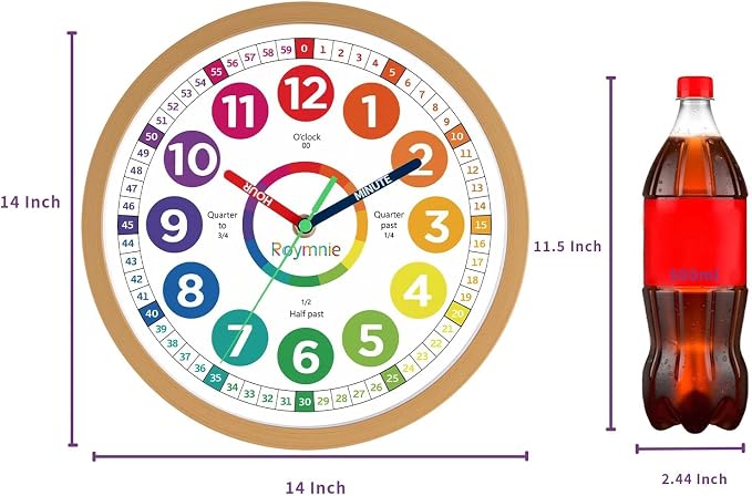 Roymnie14 Inch Wall Clock for Kids Learning to Tell Time Large Analog Silent