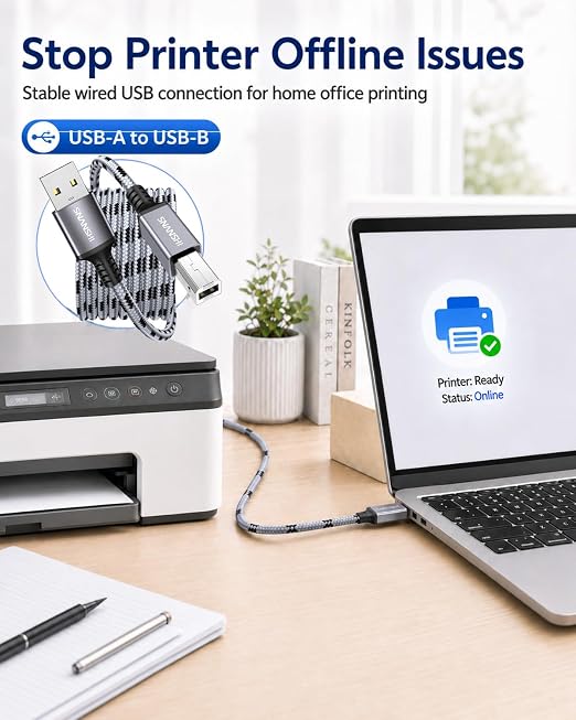 SNANSHI USB Printer Cable 6ft, Nylon Braided Printer Cable to USB Stable Wired
