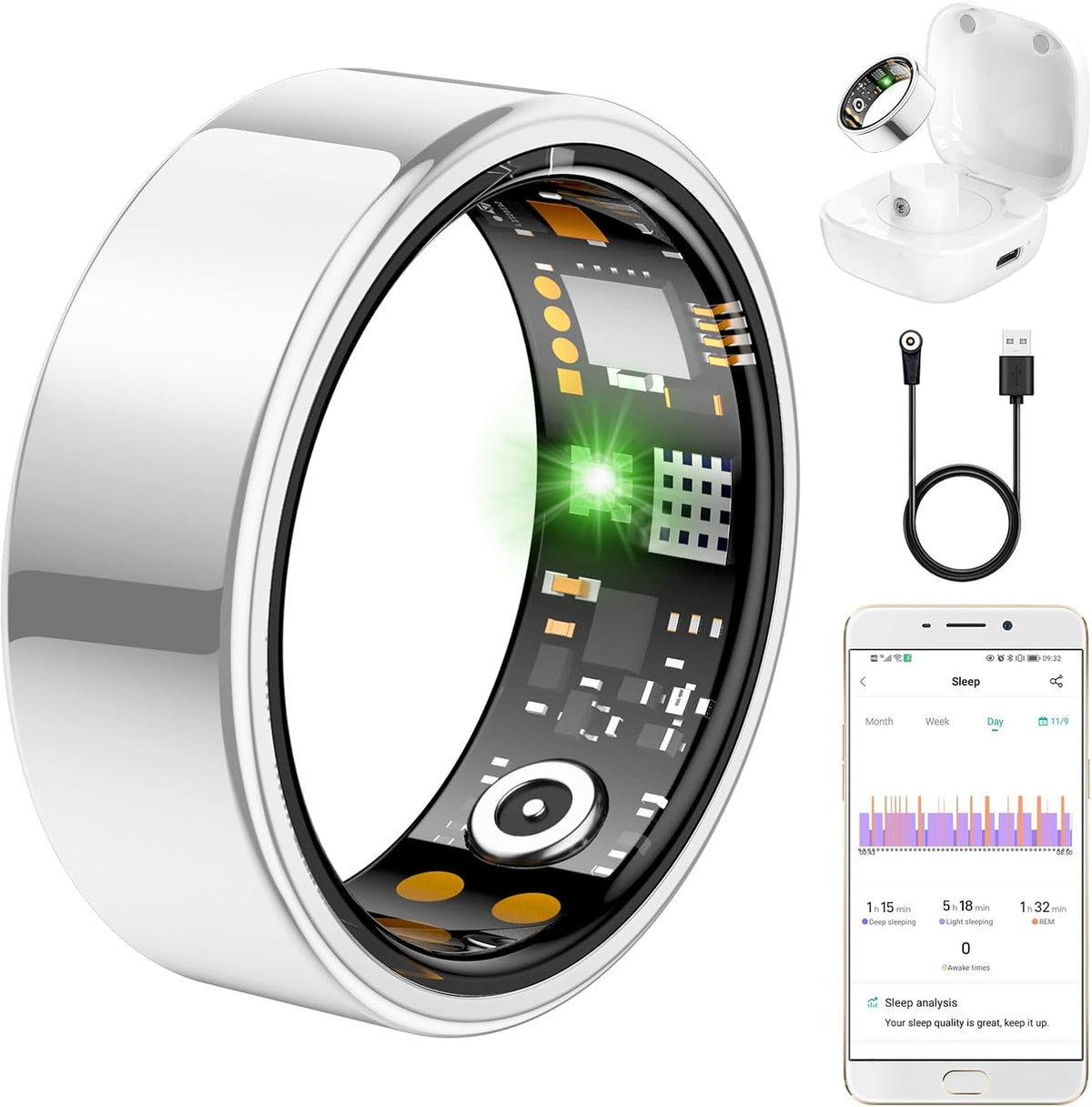 Skiennix Smart Ring - Health Tracker for Men & Women | Heart Rate, Blood Oxygen, Sleep Monitor | IP68 Waterproof (Silver, Size 11)