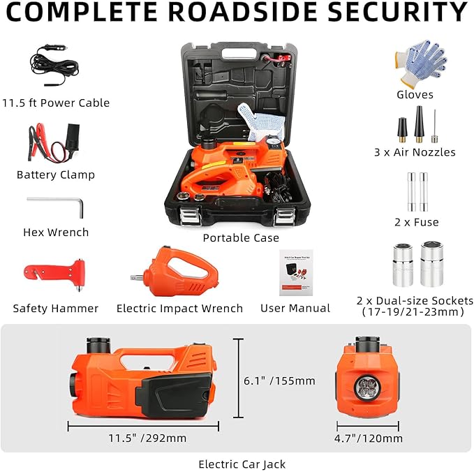 Electric Car Jack, 5 Ton Hydraulic Floor Jack with Electric Impact Wrench, Tire Inflator & LED Light, Lift Range 6.1-17.7 Inch, Emergency Roadside Tire Changing Kit for SUV Sedan Truck