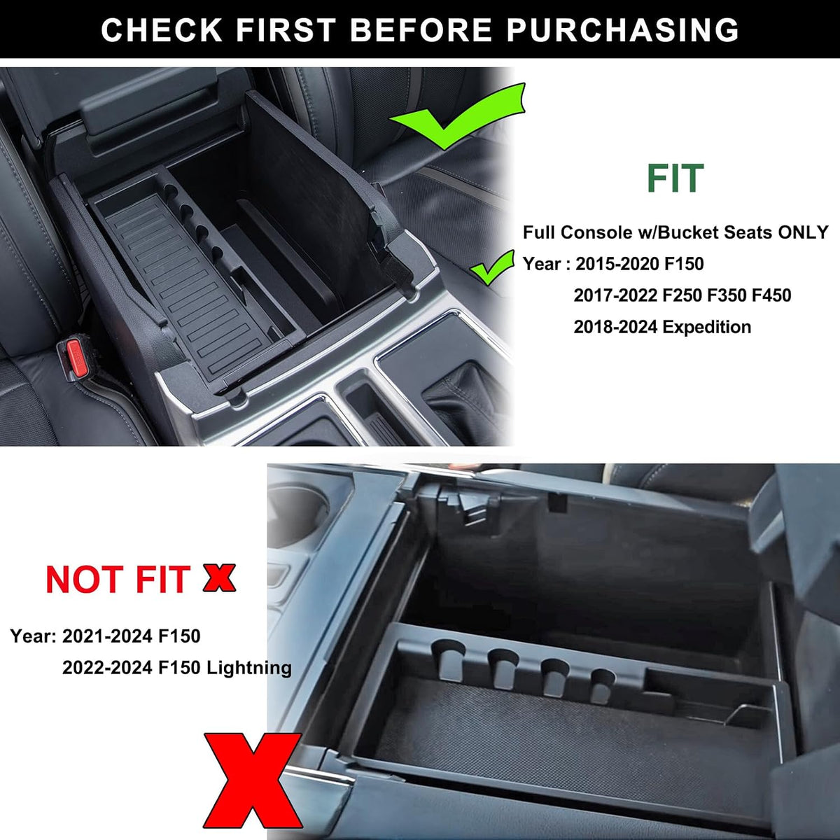 PIMCAR Compatible with Ford 2015-2020 F150, 2017-2022 F250 F350 F450, 2018-2024 Expedition Center Console Organizer Insert Tray Pallet Storage Accessories (Work Great with The Factory Tray)-One Piece