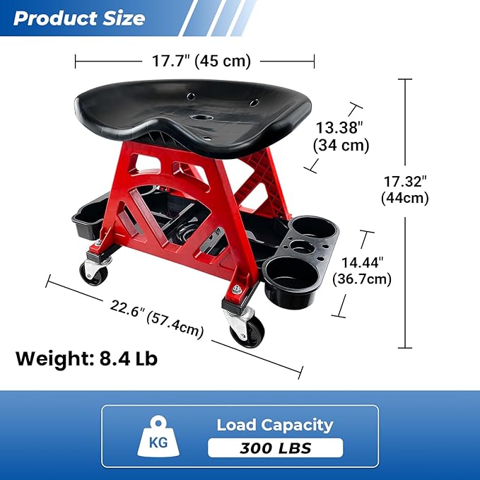HOXWELL Durable Mechanic Seat with Wheels - Heavy Duty Rolling Stool Car Detailing Creeper Seat with Tool Tray for Workshop, Auto Repair Shop and Home