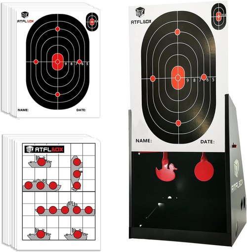 Atflbox BB Gun Target Trap - 7 x 9 Inch with 20 Paper Targets & Spinning Metal Silhouettes | Ideal for Airsoft & Pellet Guns