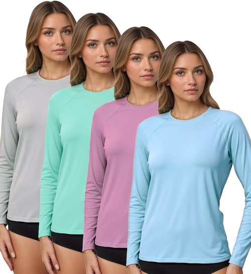Kinglaman Rash Guard for Women - UPF 50+ Long Sleeve Swim Shirt for Sun Protection | 4 Pack