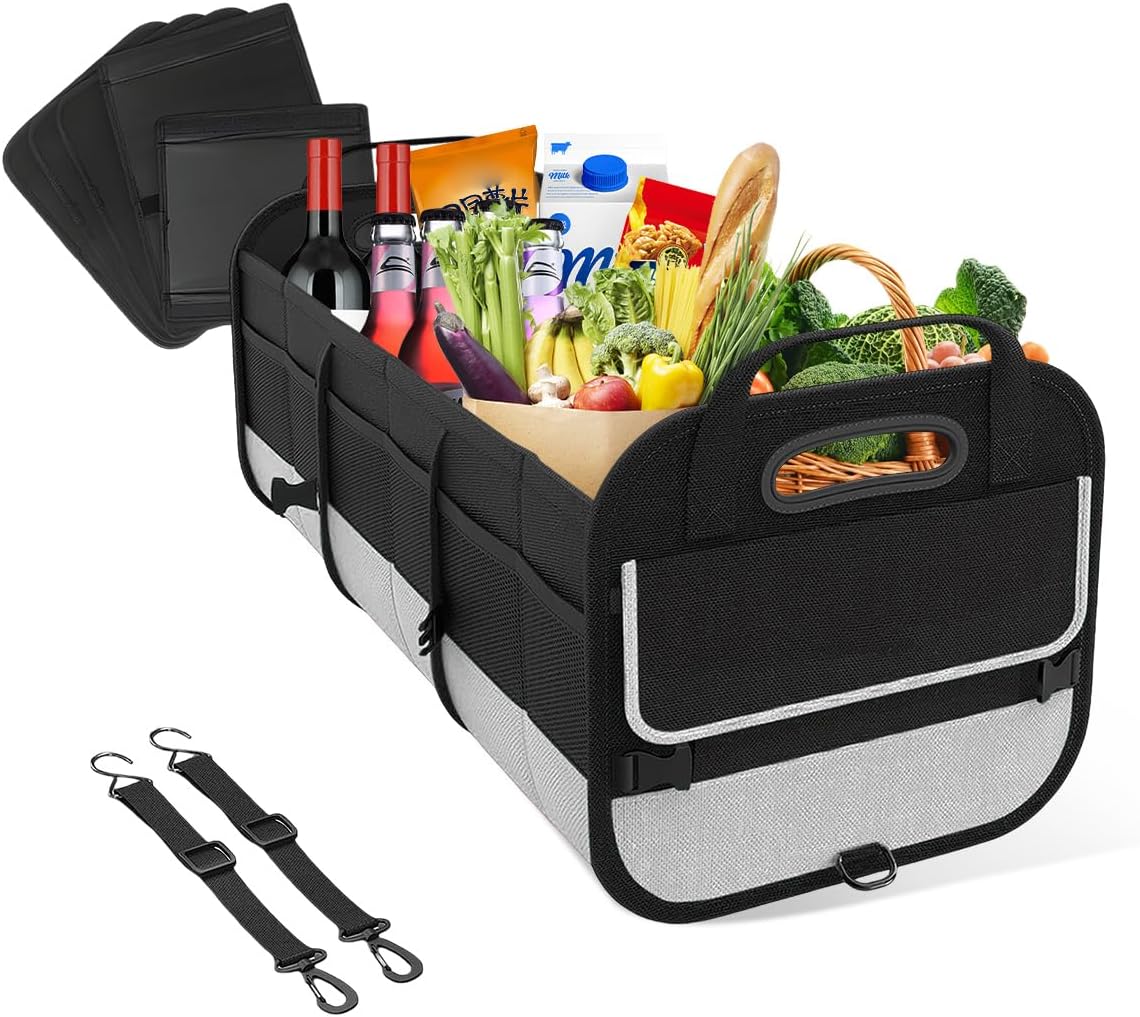 povtii Large Organizer for Car, 95L Stretchable Storage Trunk Organizer with Divided Compartments, Fixed Big Trunk Organizer with Handles & Adjustable Straps, Car Accessories (Black & Red)
