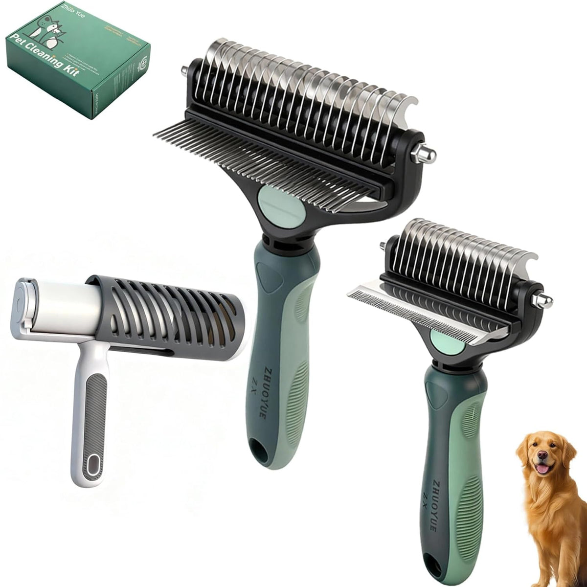 Skiennix 3-in-1 Dog Deshedding Brush - Grooming Tool with Undercoat Rake & Dematting Comb | Peacock Green