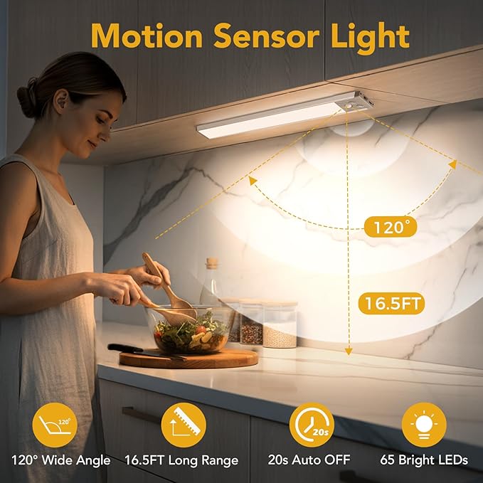Under Cabinet Lighting, LED Motion Sensor Light Indoor with 3 Color Temps, 2500mAh USB Rechargeable Closet Light, Dimmable Wireless Under Counter Lights for Stairway, Wardrobe, Kitchen(13Inch, 2 Pack)
