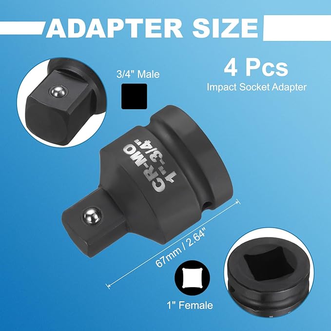 HARFINGTON 4pcs Impact Socket Adapter 1" Female to 3/4" Male Square Drive Reducer Standard SAE CR-MO Steel Converter Impact Driver Ratchet Wrench Breaker Bar Conversion, Black