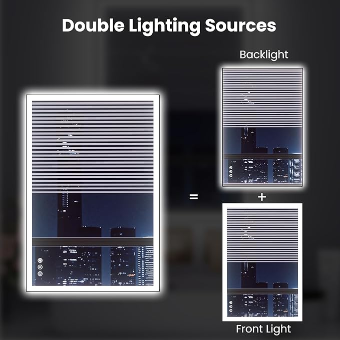 WTTY 20"X28" LED Bathroom Mirror with Black Frame, Bathroom Vanity Mirror with Lights for Wall, Front Light and Backlit, Anti-Fog, Dimmable, 3 Colors, Shatterproof, Memory, Horizontal/Vertical