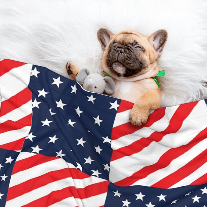 Double Sided Plush Pet Blanket for Small Large Animals, American Flag Plaid Pattern, Reversible Throw with Dimpled Dot Side and Flat Side for Kennels Living Rooms