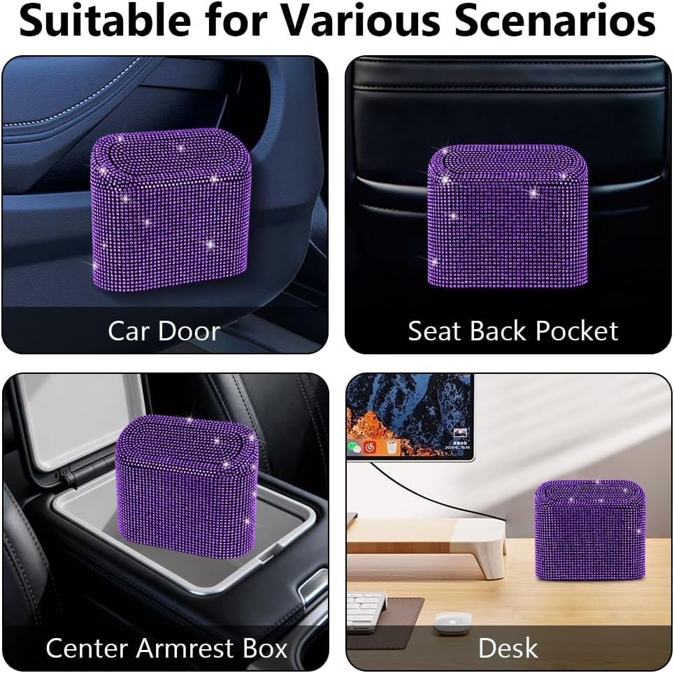 eing Car Trash Can with Lid, Mini Vehicle Trash Bin Car Dustbin Garbage Organizer,Bling Crystal Automotive Garbage Can Bin Trash Container for Auto Cars, Home, Office,Purple