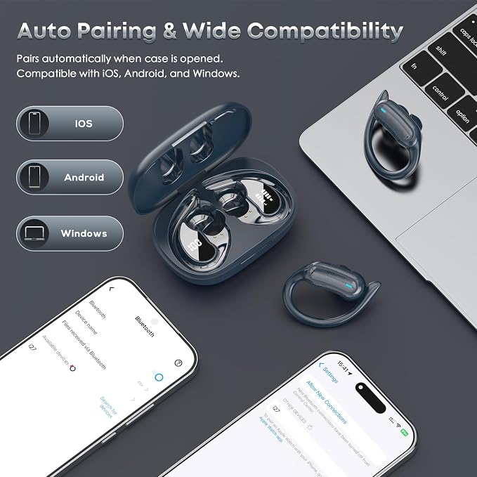 TRAUSI Wireless Earbuds Bluetooth Headphones, 54H Playtime Stereo Over Ear Buds with ENC Noise Cancelling, LED Power Display, IPX7 Waterproof Sport Earphones wih Earhooks for Running/Workouts Blue