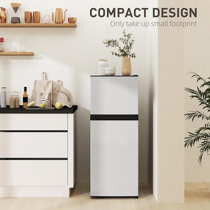 HOMCOM 4 Cu.Ft Mini Fridge with Freezer Double Reversible Silver | Compact Refrigerator, Adjustable Thermostat, Shelf, for Bedroom Dorm Home Office, Energy Efficient