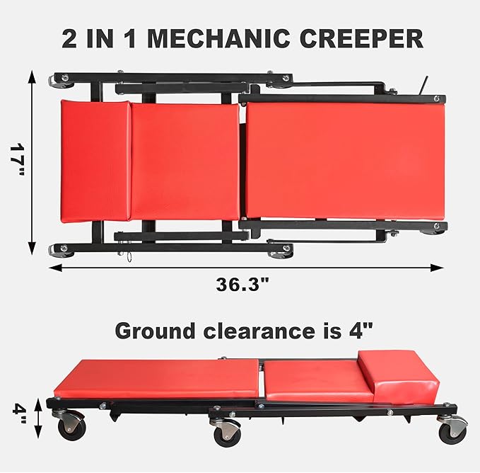 Big RED 36" Rolling Foldable Automotive Creeper， Car Creeper, 2-in-1 Garage Shop Creeper for Auto Repair, 300 Lbs Capacity, Red，TAM6505RR Torin