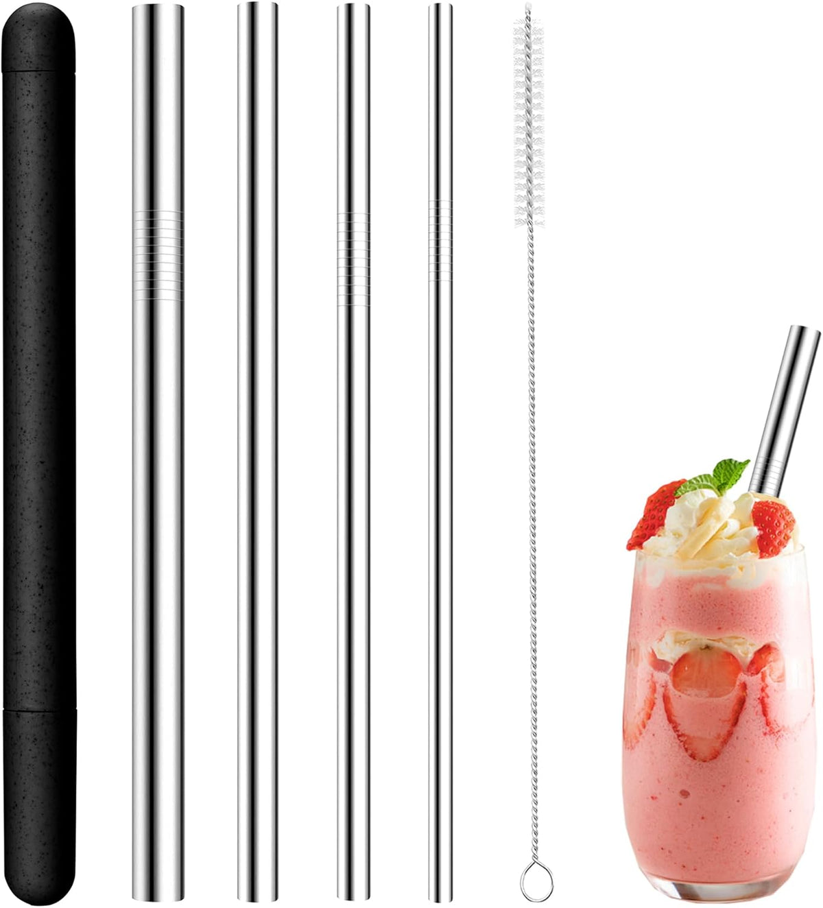 Skiennix 4-Pack Stainless Steel Straw Set - Reusable & Dishwasher Safe - 215mm Length, Multiple Diameters (Black)