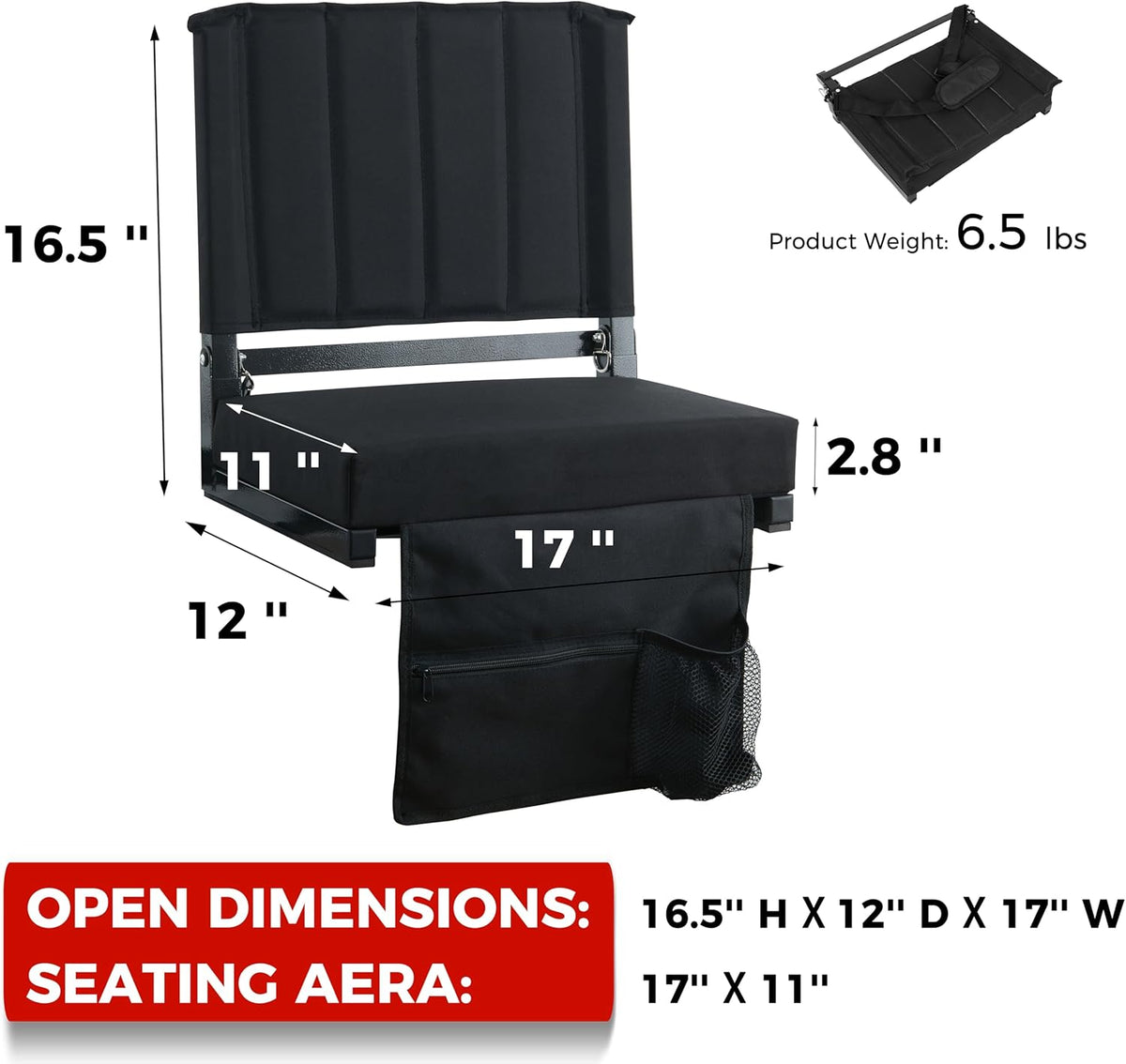 Sport Beats Stadium Seats - Comfortable Bleacher Chairs with Back Support & Cushion | 2-Pack, Black, 17" W x 12" D x 16.5" H
