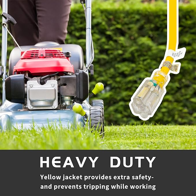 Indoor Outdoor Extension Cord Weatherproof with Lighted End, UL Listed, 10 Gauge 25FT Yellow 3 Prong Heavy Duty, 10/3 SJTW 15A Power Cord for Outdoor Lights, Lawn