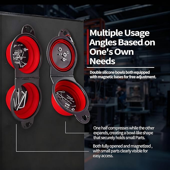 Collapsible Magnetic Parts Tray Set, New Upgraded Version Magnetic Trays, Integrated 5.1" Round Dual Silicone Bowls, Multi-Use Nuts And Bolts Organizer, Bonus Hook for On-the-Go Carry (red2.0)